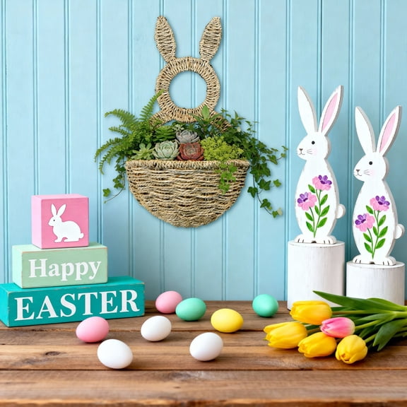 AZXY Beige Easter Basket, 9"x15" Bunny Basket Hanging Wall Pocket Spring Decor, Handwoven Wicker Basket Easter, Gift Basket for Girls Boys Kids, Personalized Egg Hunting Storage Basket with Handle