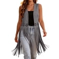 thumbnail image 2 of Chiccall Women's Solid Faux Suede Fringe Vest, Sleeveless Open Front Long Cardigan Vest, Western Cowboy Style Tassel Sleeveless Layering Jacket, 2 of 10