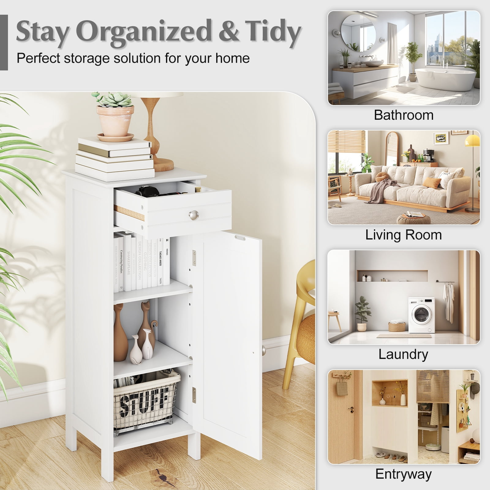 Giantex Floor Storage Cabinet, Multifunctional Freestanding Bathroom Storage Cabinet with Two Adjust Shelves, Ideal for Bathroom, Living Room or Bedroom,  (White)
