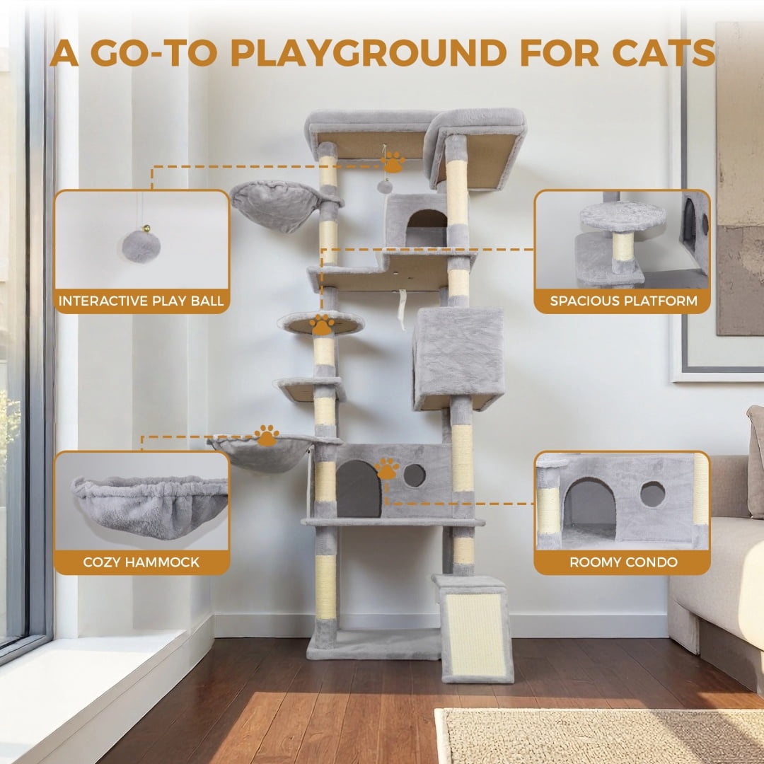 Yougu 84 in  Cat Tree Tower With Large Condo Sisal Scratching Post Big Hammock and top Platform,Light Gray