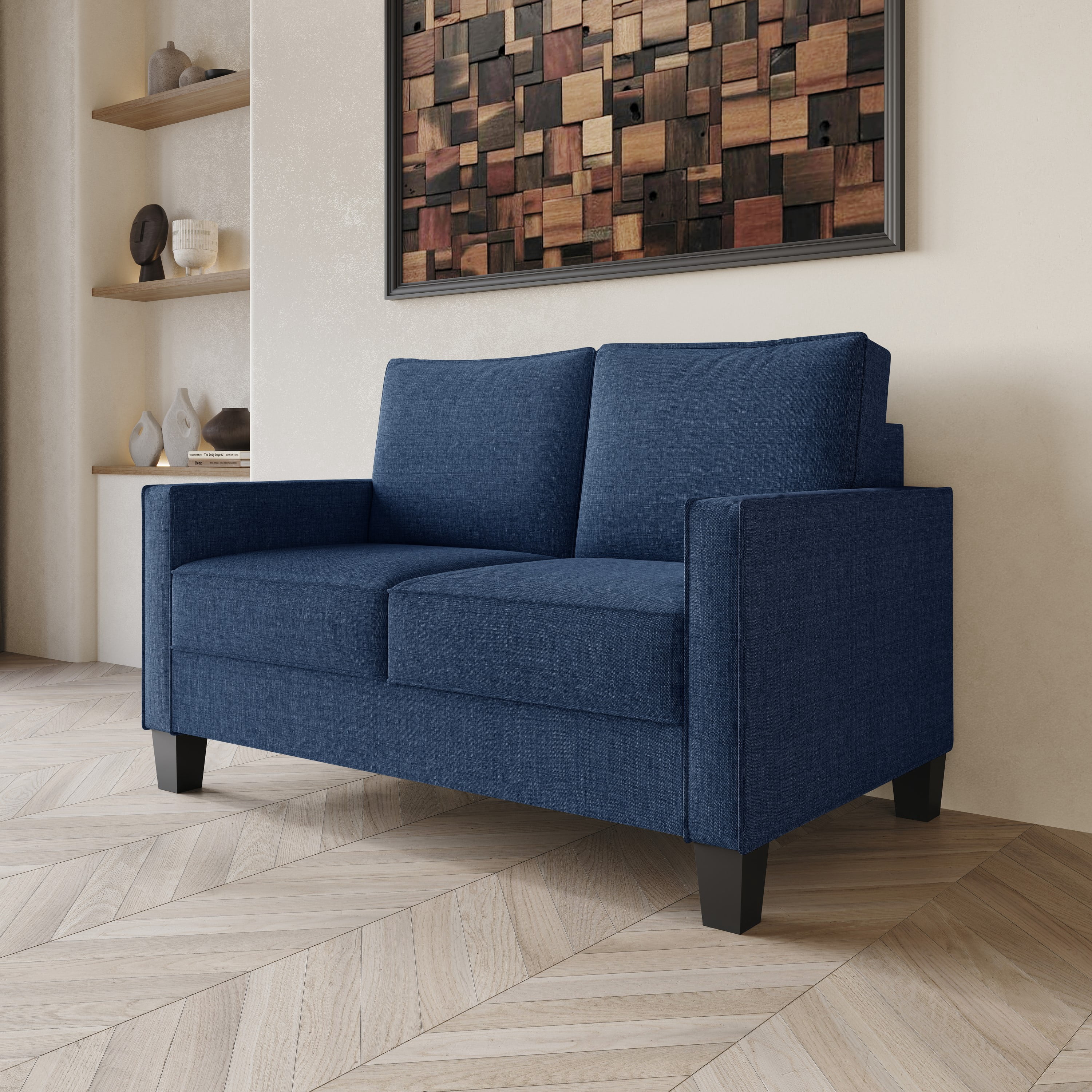 Home Design Marcia 3-Piece Square Arm Living Room Set with Armchair, Loveseat, and Sofa, Modern Upholstery and Black Legs, Blue