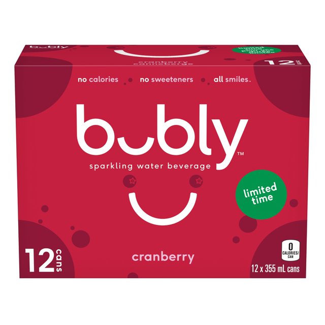 Bubly Cranberry Sparkling Water 12 x 355 mL cans pack with red packaging featuring the white bubly logo and smile design, highlighting no calories, no sweeteners, and natural cranberry flavour in a sparkling water beverage suitable for refreshing hydration and social occasions.