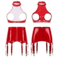 thumbnail image 3 of Conjunto de lencería sexy de charol con efecto mojado para mujer, cuello halter, espalda descubierta, busto abierto, copas abiertas, sujetador con cremallera, ligas, ropa de club, 3 of 5
