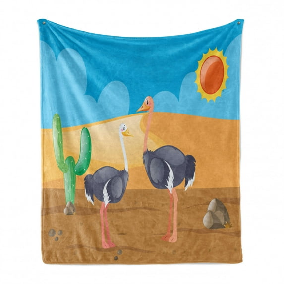 Ostrich Soft Flannel Fleece Throw Blanket, Wild Birds on Desert with Cactus in a Sunny Day Childish Kids Zoo Camel Cartoon, Cozy Plush for Indoor and Outdoor Use, 60" x 80", Multicolor, by Ambesonne