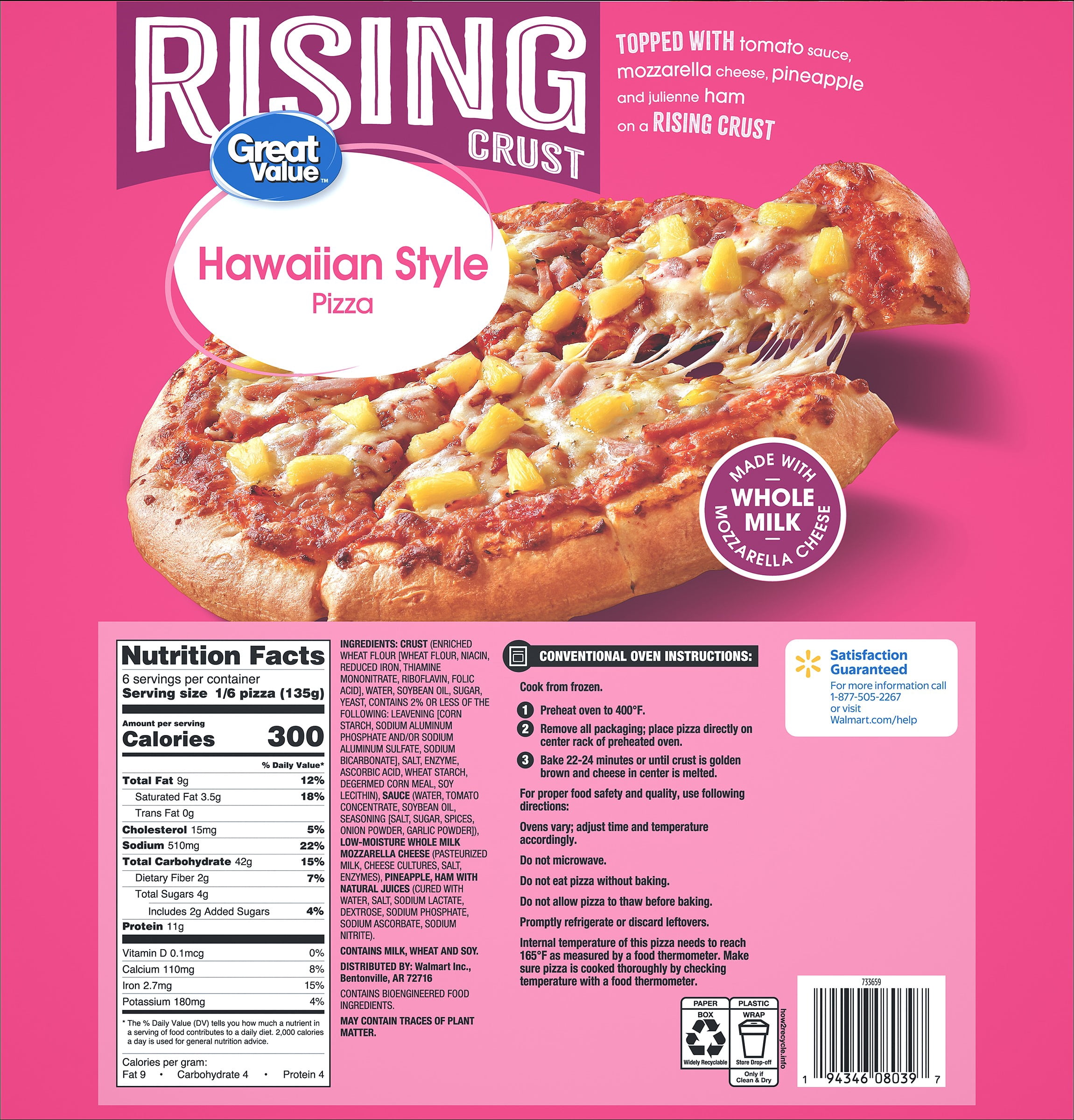 Great Value Rising Crust Hawaiian Pizza, Tomato Sauce, 27.97 oz (Frozen)
