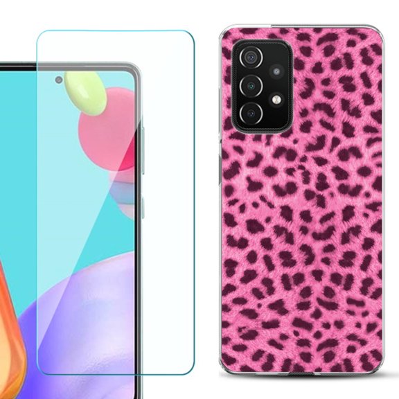 Slim-Fit Flexible Gel TPU Phone Case compatible with Samsung Galaxy A52 5G, with Tempered Glass Screen Protector, by OneToughShield ® - Cheetah Pink