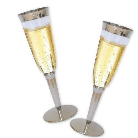 High Quality Hard Plastic Champagne Flutes With Silver Rim And Base. 6 Ounce Capacity, Set of 16 Disposable Glass