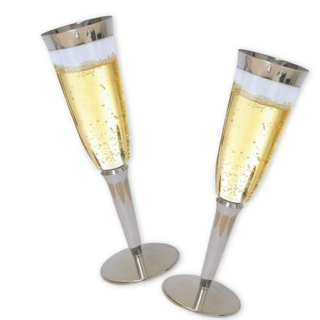 Champagne Marble Set High Quality Hard Plastic Champagne Flutes With Silver Rim And Base. 6 Ounce Capacity, Set of 16 Disposable Glass Drinkware. ()