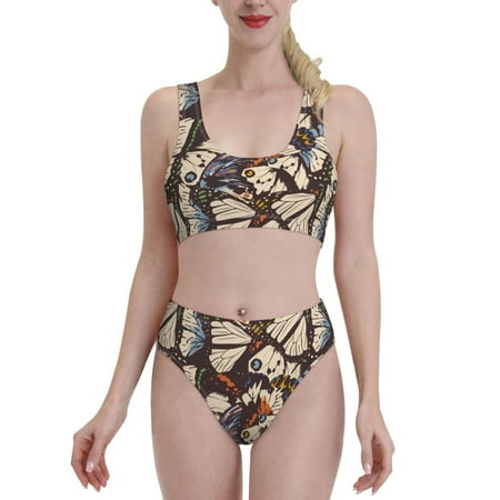 Bixox Vector Butterflies Pattern Two-Piece Sports Bikini with U-Shaped Top and High-Waist Bottom - Women s Swimwear with Removable Bra Pads