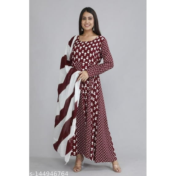 Aizza Trends Women's Rayon Febric Printed Long Gown Kurta With Dupatta Set