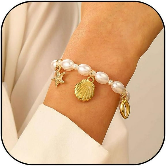 Gold Starfish Shell Bracelets for Women Boho Seashell Bracelets Cowrie Starfish Pearl Charm Bracelets Summer Beach Bracelets Hawaiian Summer Jewelry