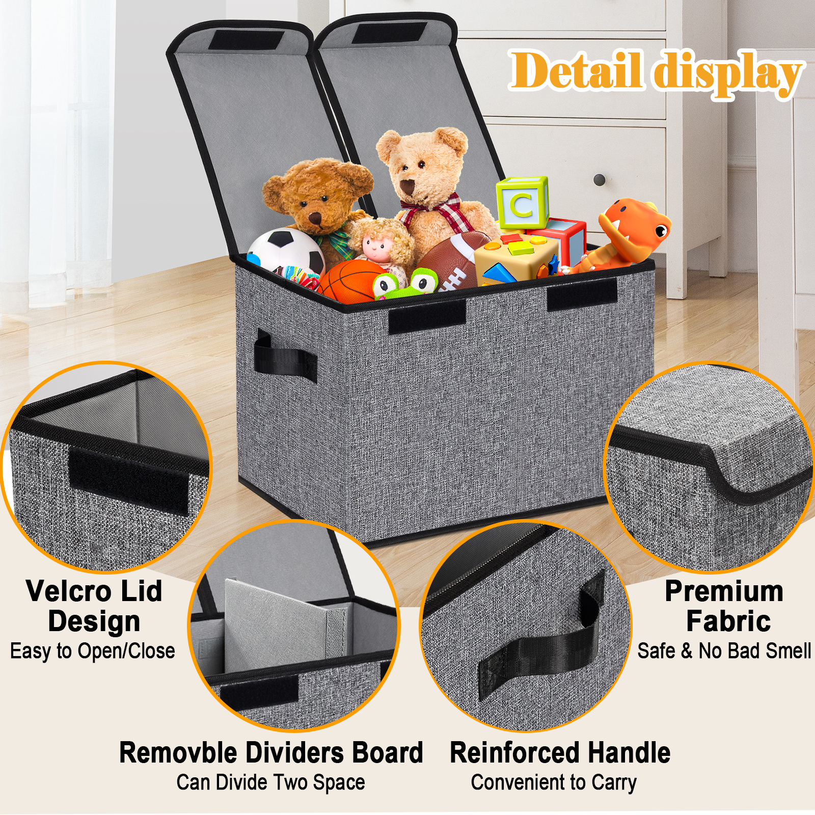 TEAYINGDE 91L Large Toy Box Chest Storage Organizer with Lid, Collapsible Kids Toys Boxes Basket Bins with Sturdy Handles for Boys and Girls, Nursery, Playroom (Gray) - image 5 of 8