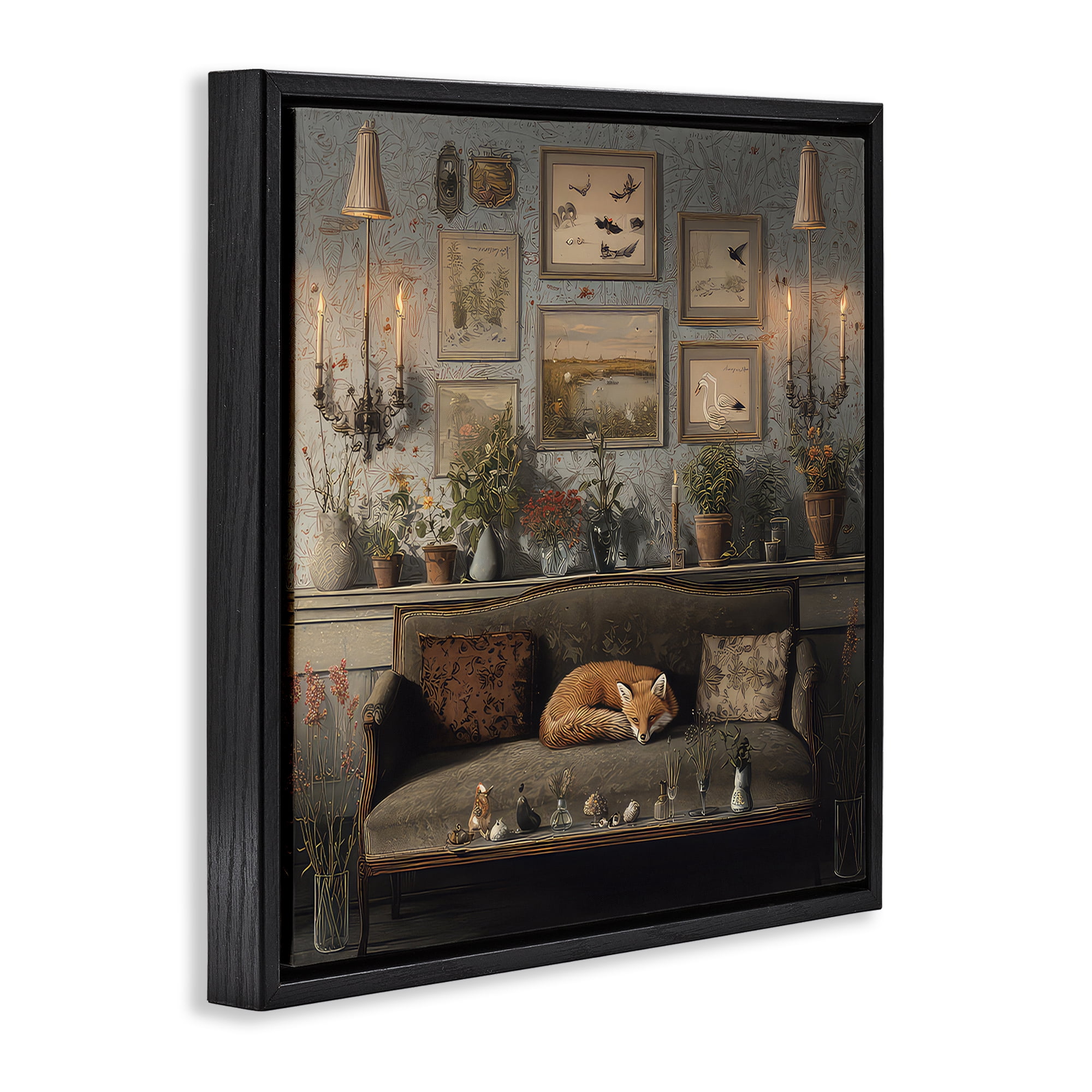 Stupell Industries Fox on Antique Sofa Black Framed Floater Canvas Wall Art, design by The Wands Want