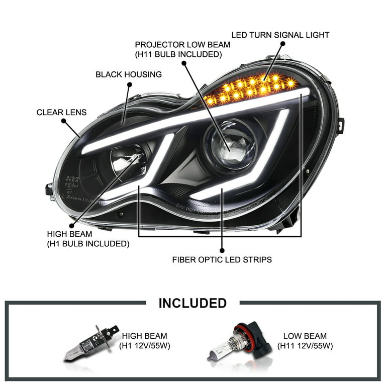 AKKON - For 01-07 Benz W203 C-Class 4-Doors Sedan Black Bezel LED [Dual  Halo] Projector Halogen Type Projector Headlights