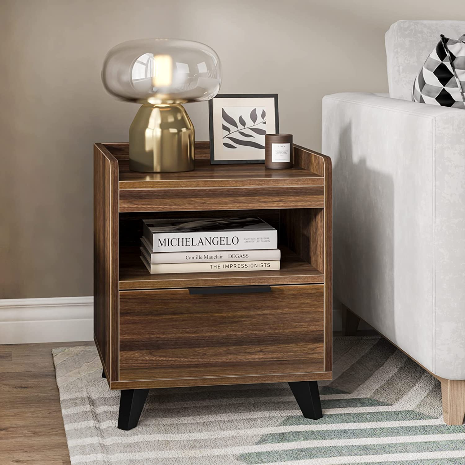 Soges Nightstand with 1 Drawer, Brown Wood End Table, Bedside Table for