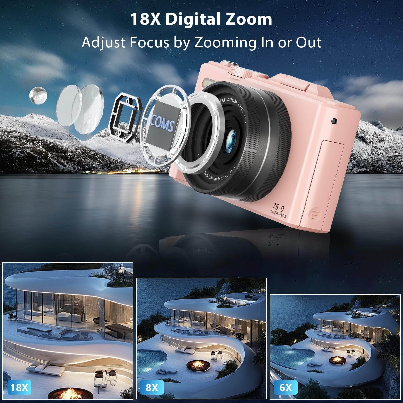 KLIOMAX 5K 75MP Digital Camera with WiFi, Autofocus, 3" Flip Screen & 18X Zoom – Compact Vlogging Camera for Photography & Video, Starter Kit (Pink)