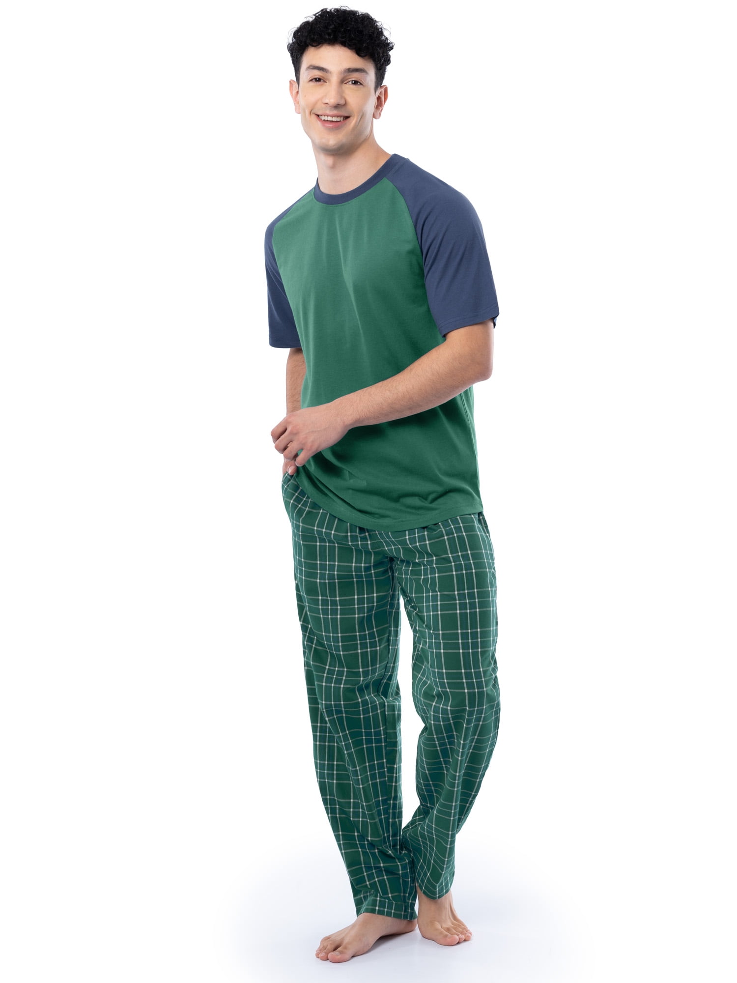 Fruit of the Loom Men's Raglan Short Sleeve T-shirt and Plaid Pajama Sleep Pant Set, Sizes S-2XL
