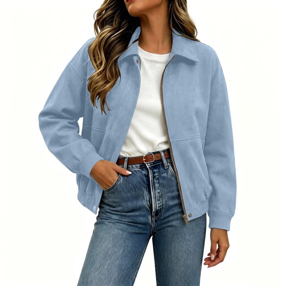 Kezqiaxn Lightweight Jacket Women Zipper Long Sleeve Loose Work Coat with Pocket Casual Outerwear Fashion Clothing