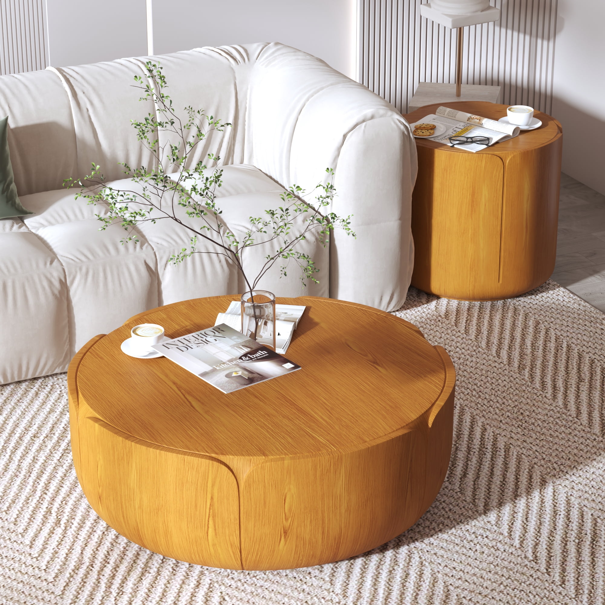 LiviNest All-Weather Drum Coffee Table Set: 365-Day Outdoor Indoor Table - 35.63" & 19.69" Round MGO Wood Grain - 220 lbs Capacity No Assembly