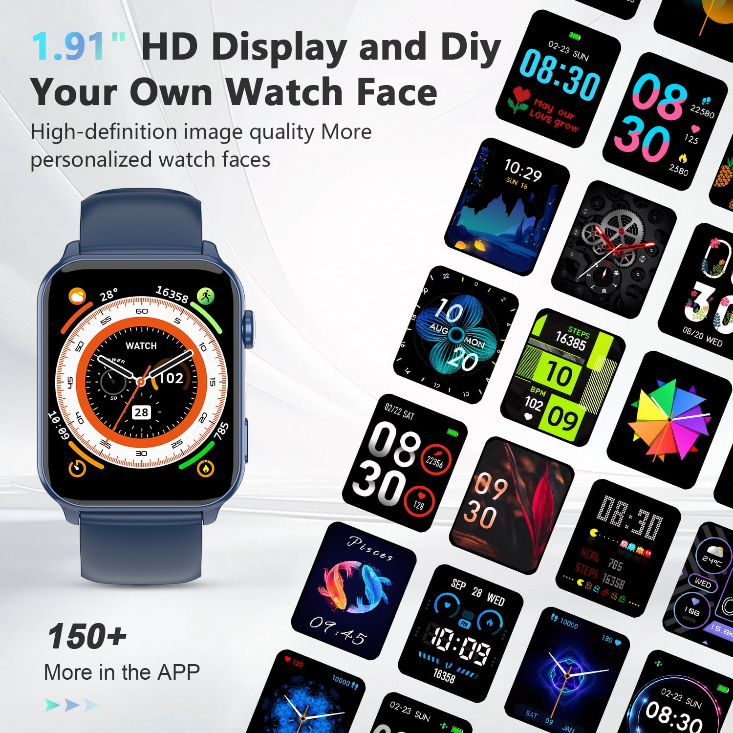 Blackview 1.91-inch Men Women's Smartwatch,with Answer/Make Calls/100+ Sports Modes/Message Reminder/Waterproof,fits for Android Iphone Devices,Blue