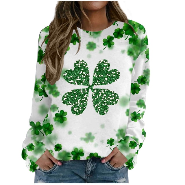 Plebaso Chandail en Molleton de la Saint-Patrick pour Femmes Imprimé Trèfle Col Rond Manches Longues Chandail P-5TG