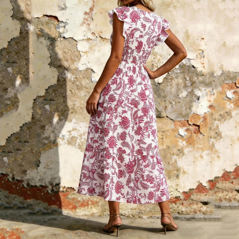 long beach wrap dress Cobkk Summer Bohemian Floral Wrap Dress Women'S Bohemian Spaghetti Strap Smocked Tiered Long Beach Sun Dresses Sleeveless Solid Maxi Dress Wedding