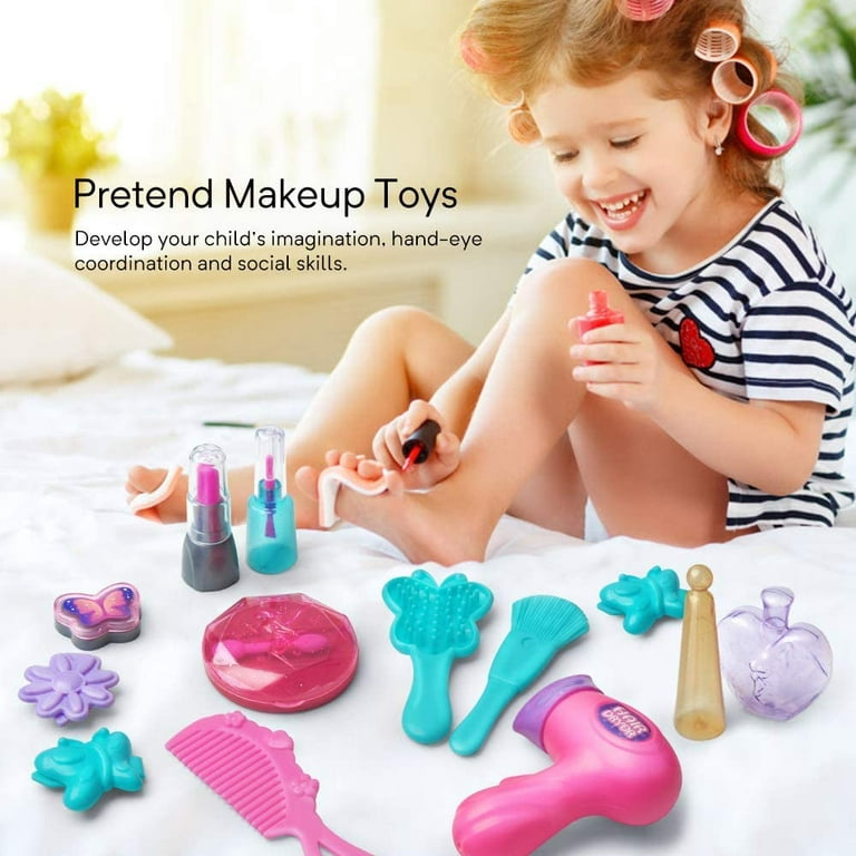 Qishi Girls Pretend Play Makeup Set for Children, Kids Make It Up for Little Girls Princess Toys for Toddlers Girl 2 3 4 5 6 Year Old-3 Set, Kids