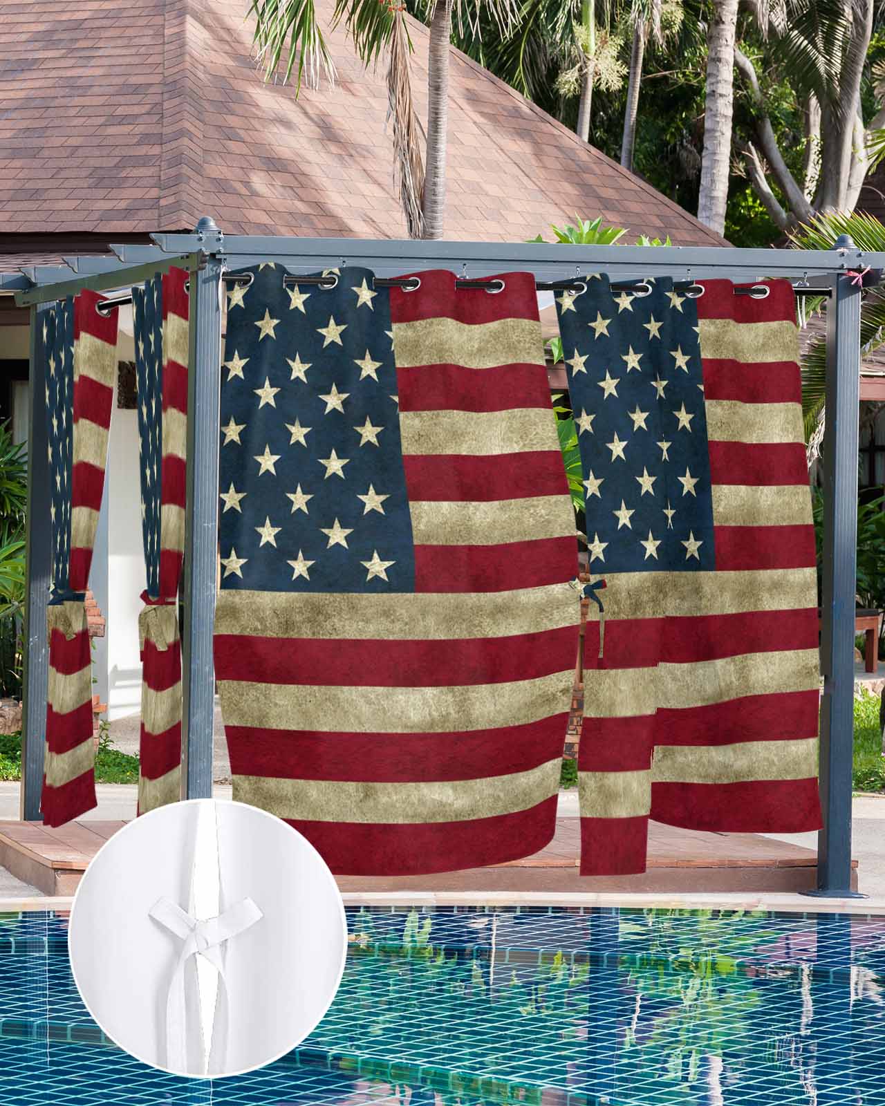 Vintage Red American Flag Outdoor Curtains for Patio, US Flag Stripe Retro Starts Privacy Drapes Grommet Waterproof Outside Curtains for Porch/Cabana/Balcony 54"x 108", 2 Panel