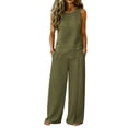 thumbnail image 2 of 2 Piece Women's Casual Linen Blend 2 Piece Outfit - Sleeveless Crew Neck Top with Decorative Side Buttons & High Waist Wide Leg Pants with Pockets, Solid Color Army Green XL, 2 of 6