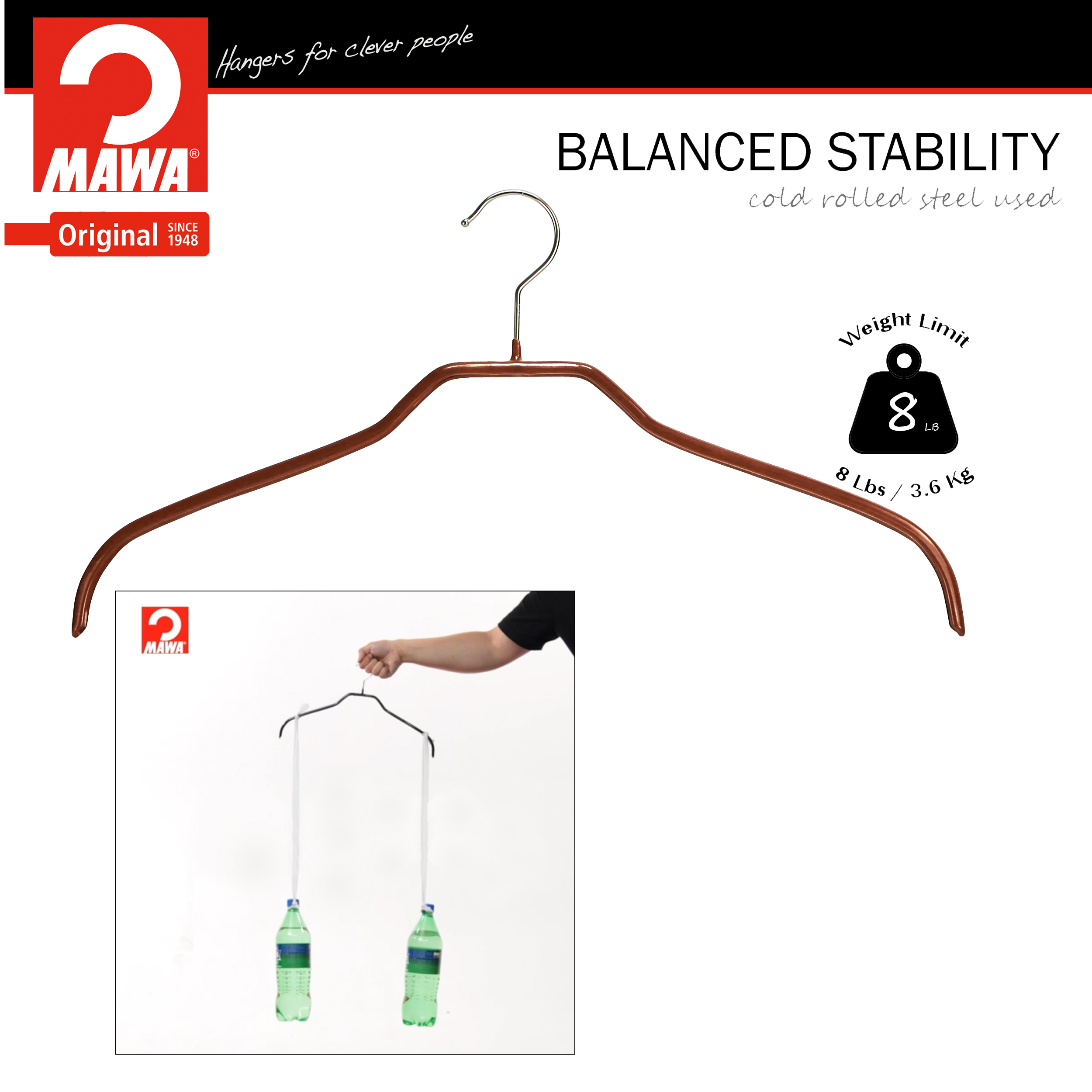 Mawa by Reston Lloyd Silhouette Series Non-Slip Space Saving Clothes Hanger for Shirts and Dresses, Style 41/F, Set of 12, Copper