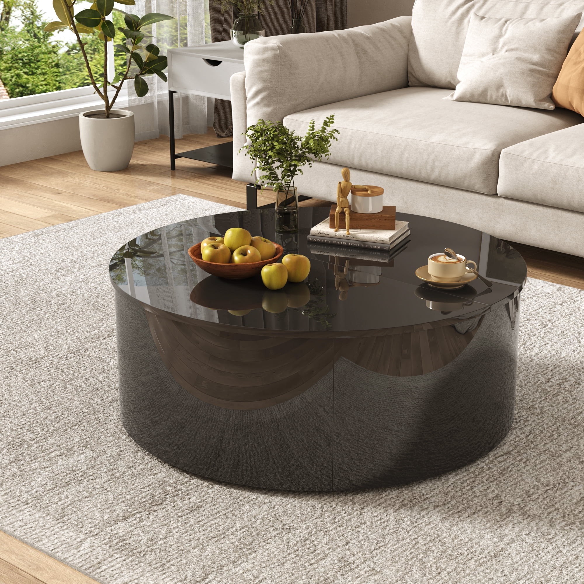 ANPOO Round Lift Top Coffee Table with Storage, Modern High Gloss Coffee Table with Hidden Storage Space, Circular Center Table for Livingroom, Small Space, Small Space, Apartment