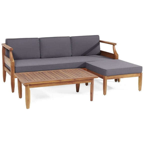 Sloane Acacia Wood Outdoor 3 Seater Sofa Chat Set with Ottoman, Teak and Dark Gray