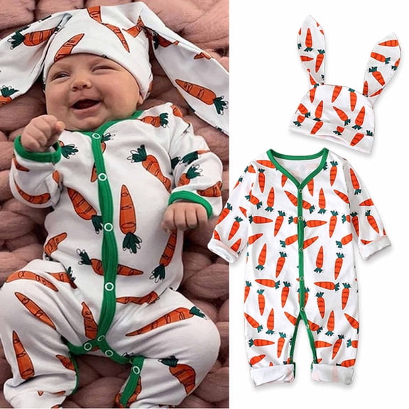 Cowsor Baby Easter Carrot Print Long Sleeve Romper and Bunny Ears Hat 2 Piece Set Soft Stretch Cotton Onesie Outfit for Infant 0-24 Months