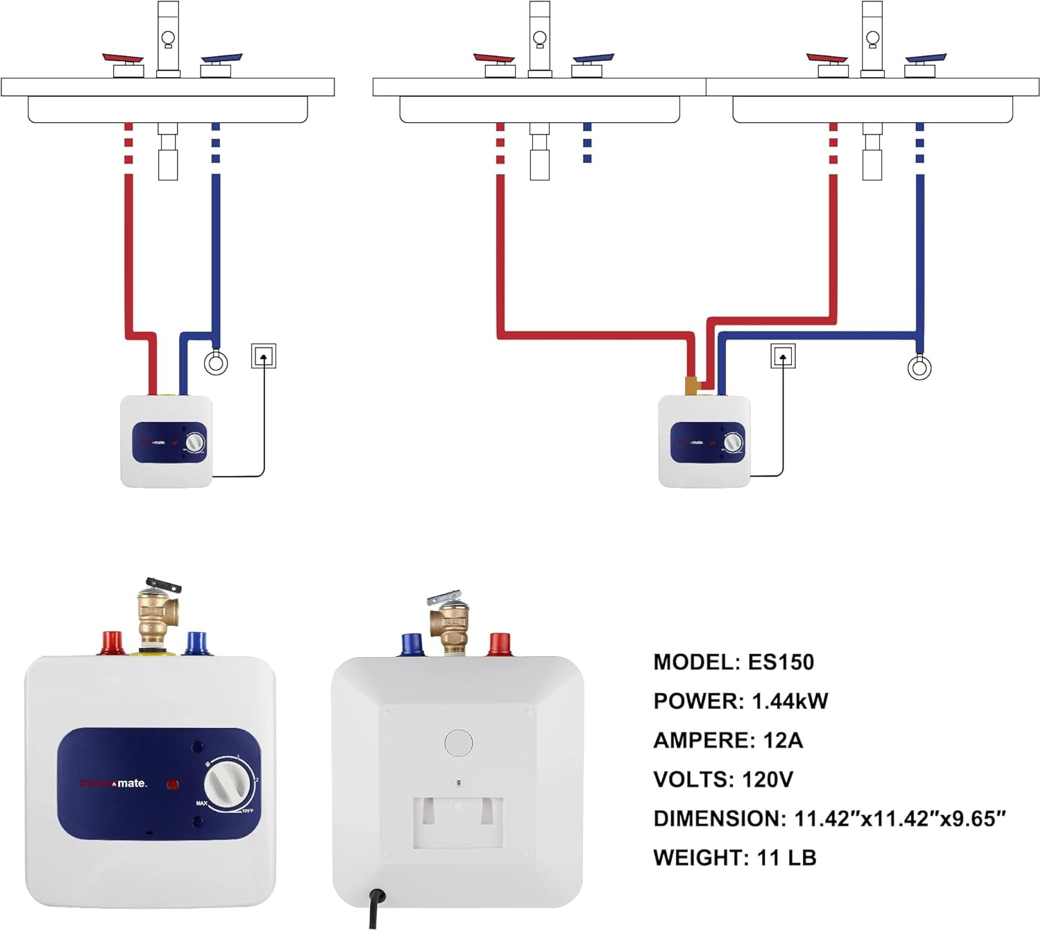 thermomate Mini Tank 1.32 Gal 1440W 120V Compact Element Point of Use Electric Water Heater,Wall or Floor Mounted,ES150,White