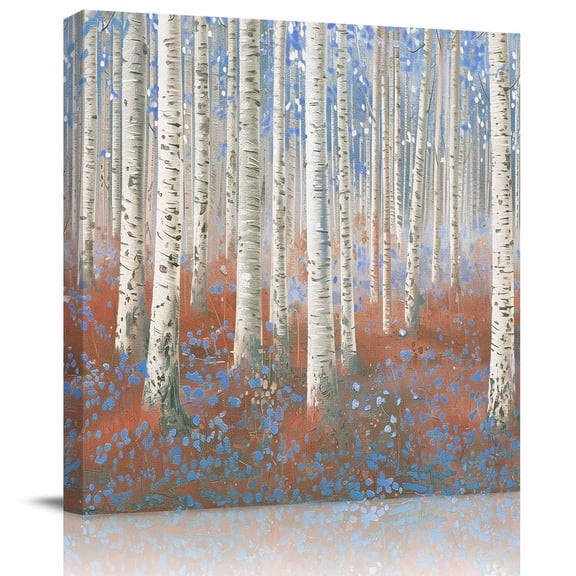 Framed Canvas Wall Art for Living Room Blue Forest Plant Wall Decor, Tree Illustration Aesthetic Paintings for Bedroom Office Kitchen Bathroom, Ready to Hang Artwork Wall Pictures 8x8 Inch