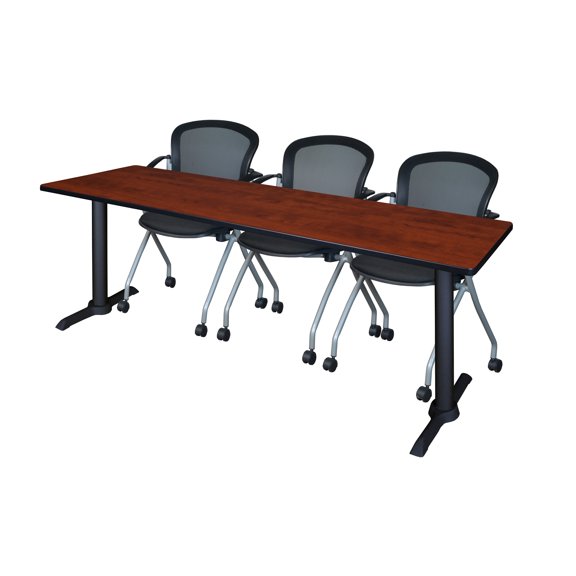 Romig Cain 84 x 24 in. T-Base Training Seminar Table- Cherry & 3 Cadence Nesting Chairs