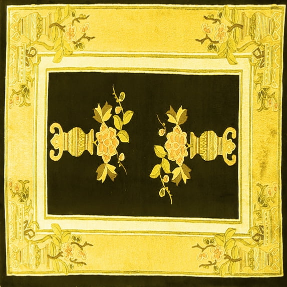 Ahgly Company Machine Washable Indoor Square Oriental Yellow Asian Inspired Area Rugs, 5' Square