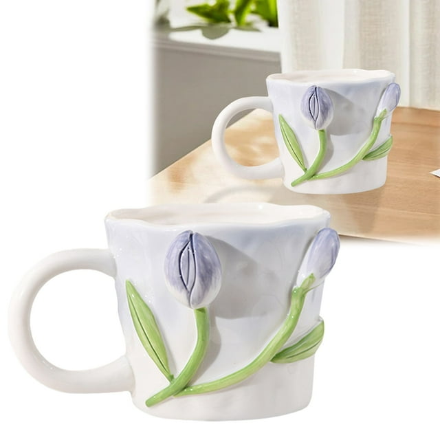 Embossed Ceramic Cups Handmade Large Coffee Cups Ceramic Coffee Cups Embossed Coffee Cups For Hot Or Cold Coffee Cereal Lattes,1X Cup Clearance