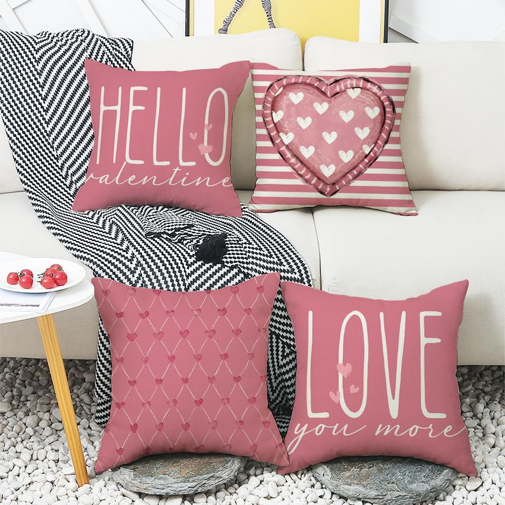 Valentines Day Pillow Covers 20 x 20 Inch Set of 4 Hello Valentine Love You More Pink White Stripes Heart Throw Pillows Decorative Cushion Cases Valentines Decor Pink