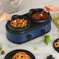 thumbnail image 3 of Kiss the Water Dual Slow Cooker, Buffet Server and Warmer with 2 Removable Ceramic Pots, Slow Cooker Food Warmer with 3 Adjustable Temp & 2 Visible Glass Lids, Stainless Steel, 2 x 1.25 QT, Blue, 3 of 15