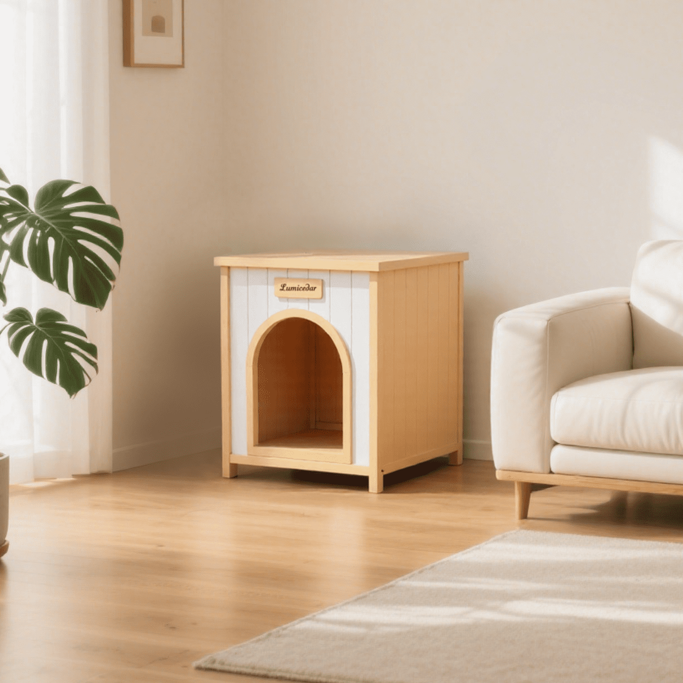 Solid Wood Pet House with Flat Roof Indoor Shelter for Small Dogs and Cats FSC Certified Cream Yellow Modern Design