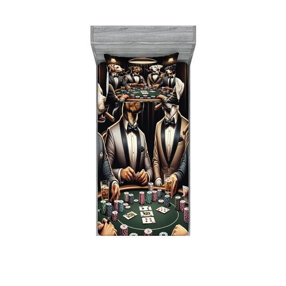 Ambesonne Dog Fitted Sheet & Pillow Sham Set, Funny Gentleman Animals Suits, Twin, Brown Dark Green Grey