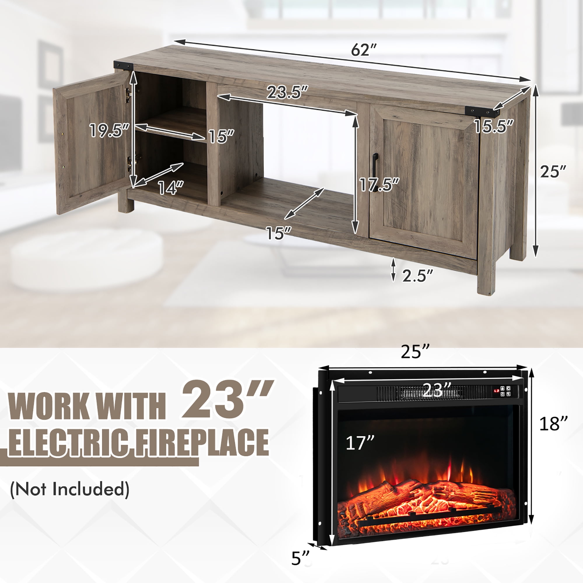 Costway 62'' Farmhouse TV Stand Entertainment Center for TVs up to 70 Inches Natural