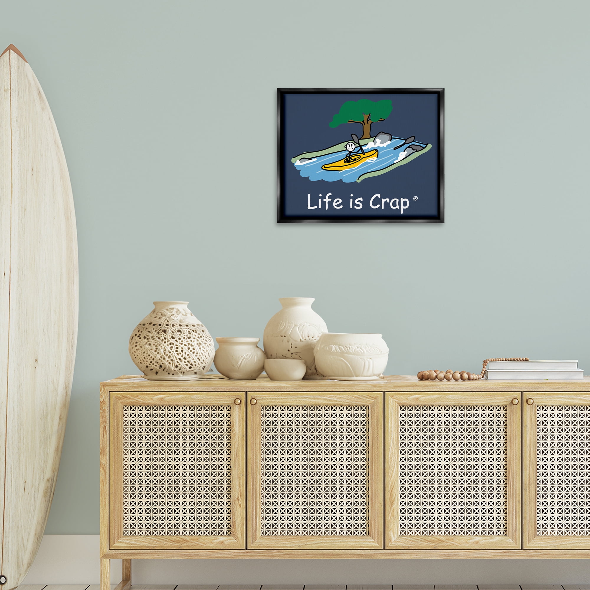 Stupell Industries Life Is Crap Kayaker Novelty & Humor Painting Black Floater Framed Canvas Art Print Wall Art, 21 x 17