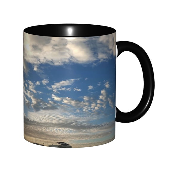 Golden Morning Clouds Over Town Rooftops Bright Blue Sky Urban Sunrise Nature Photograph Ceramic Mug 11oz, Calm City Morning Sky Coffee Cup