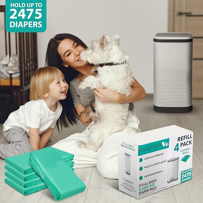 4+1 Pack Refill Bags for DEKOR CLASSIC Diaper Pails | 30% Thicker & Stronger | Fresh Powder Scent | Odor Control | Holds up to 2,475 Diapers | Durable, Leak-Proof, Easy to Use