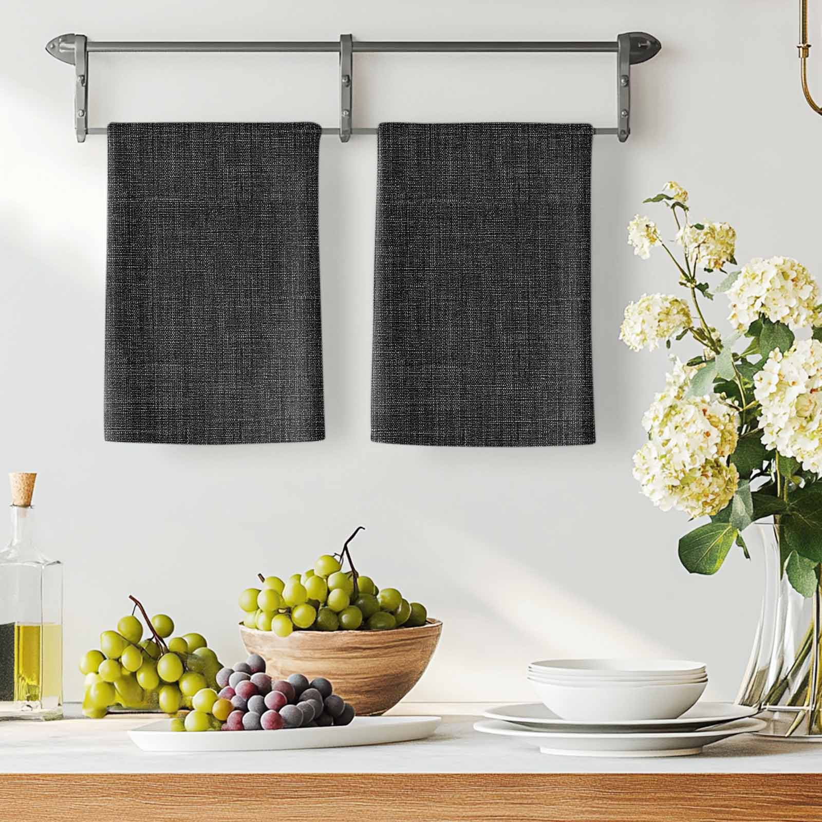 Black Burlap Texture Kitchen Towels Set of 3, Farmhouse Vintage Black Soft Microfiber Dish Towels, Absorbent Quick-Dry Washable Dishcloths for Kitchen Cleaning, Drying Dishes, 18x28 Inches