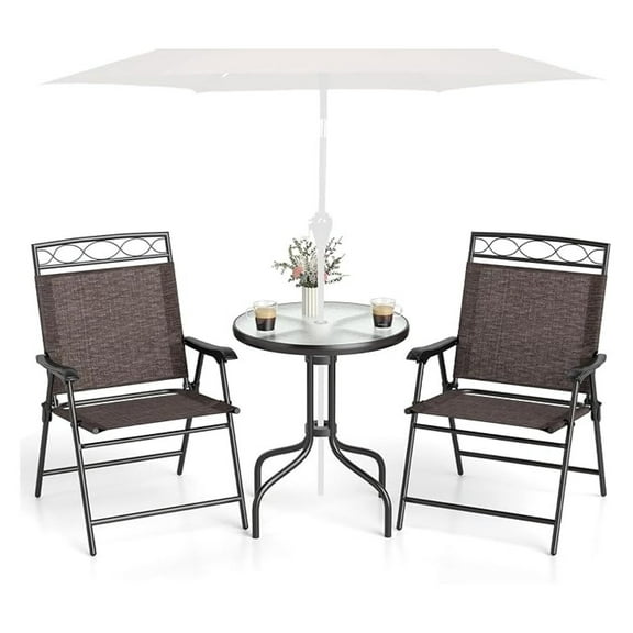 3 Pieces Patio Dining Set with Round Glass Table, Folding Chairs, Outdoor Chairs Table Set with Umbrella Hole for Garden Poolside Backyard