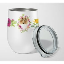 Carolines Treasures CK4216TBL12 Collie Pink Flowers Stainless Steel 12 oz Stemless Wine Glass 12 oz multicolor