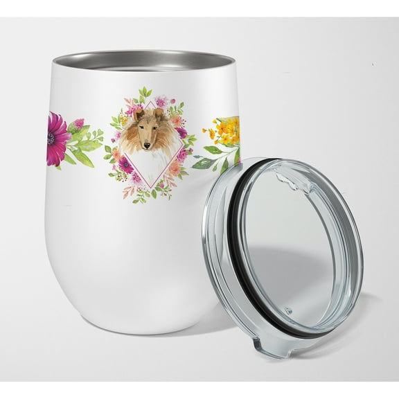 Carolines Treasures CK4216TBL12 Collie Pink Flowers Stainless Steel 12 oz Stemless Wine Glass 12 oz multicolor
